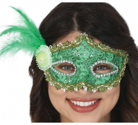 Máscara para olhos verdes com pena