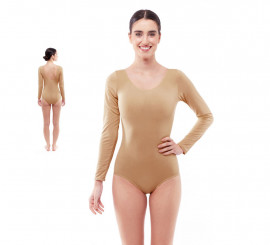 Beige long-sleeved bodysuit or leotard for women