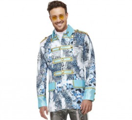 Casaco azul e branco dos anos 70, com detalhes dourados para homens