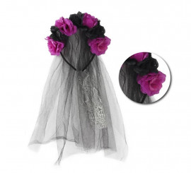 Tiara Catrina com flores roxas e pretas com véu