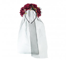 Tiara Catrina com flores rosa com véu