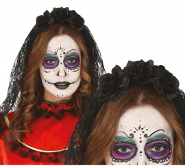 Fita de cabelo em flor preta com véu