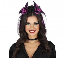 Tiara de flores pretas e lilases com véu