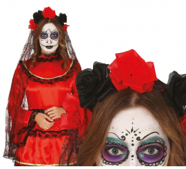 Fita de cabeça de flor preta e vermelha com véu