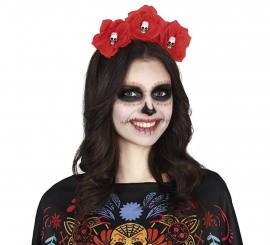 Tiara de flores vermelhas com caveiras