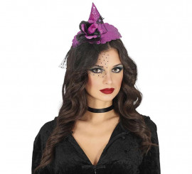 Tiara de mini chapéu de bruxa roxa com véu