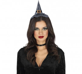 Faixa de cabeça mini chapéu de bruxa prateada