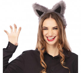 Tiara com orelha de lobo cinza escuro 9x8 cm