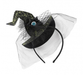 Tiara com chapéu de olho de bruxa e teias de aranha