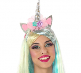 Unicorn Headband with Flowers and Pink Ears