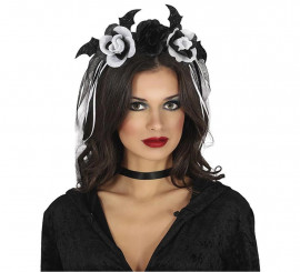 Tiara com véu e flores preto e branco