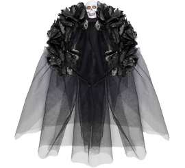 Gothic Headband with 6 Black Roses with Skull and Veil