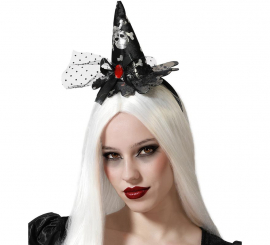 Mini Black Witch Hat Headband with Skull
