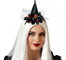 Mini Black Witch Hat Headband with fabric