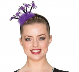 Tiara roxa com penas e aranhas 23 cm