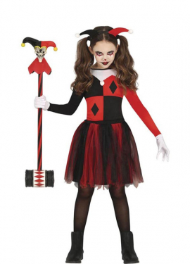 Elegante disfarce de arlequina vermelha e preta para menina