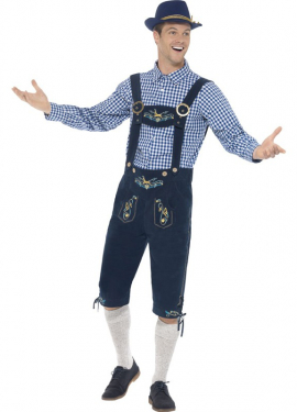 Traje tradicional bávaro azul com Lederhosen para homem