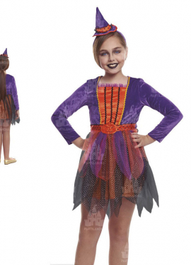 Fato de bruxa abóbora roxa e laranja para menina