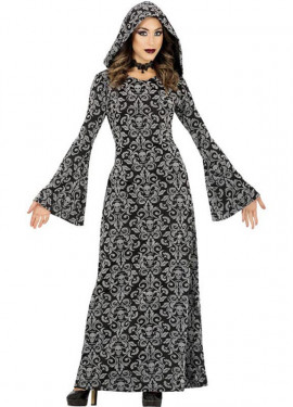 Fato de bruxa com capuz prateado para mulher