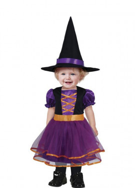 Fato de bruxa roxa e laranja para menina e bebé
