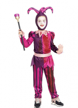 Fato de Jester assassino roxo com chapéu para criança