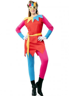 Fato de bobo multicolorido com máscara para mulher