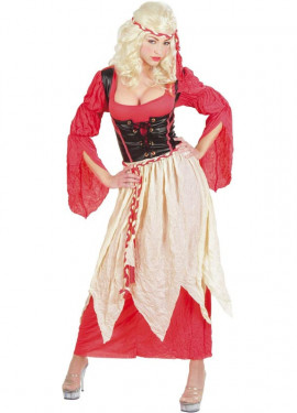 Traje de bartender medieval vermelho com cocar para mulher