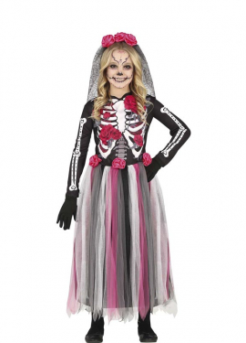 Fato Catrina com saia de tule rosa para menina