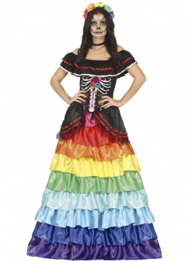 Fato de Catrina com vestido multicolorido para mulher