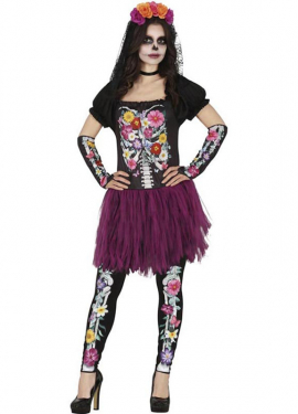 Fato de Catrina Floreada roxa para mulher