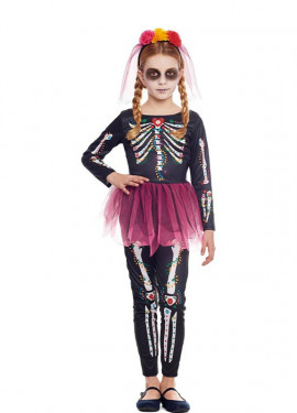 Pink Catrina costume with headband and veil for girls