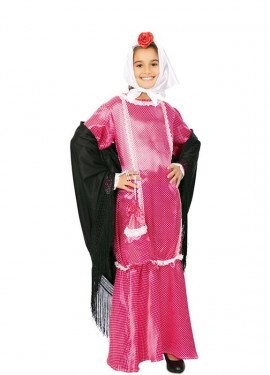 Fato de chulapa vestido rosa com lenço para menina