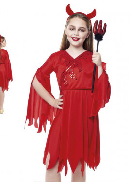 Fato chique de diabo vermelho com pontas para menina