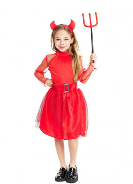 Fato de diabo moderno vermelho com bandana e cauda para menina