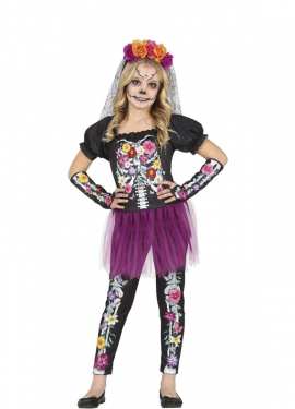 Fato de esqueleto florido com tule para menina