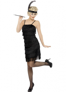Fato de Flapper preto com franjas para mulheres