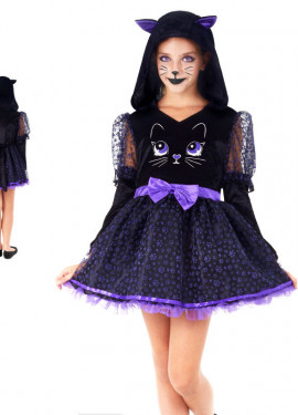 Black and purple kitten costume with bow for girl