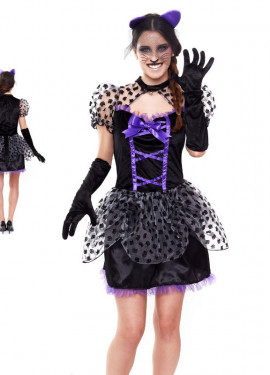 Purple kitten costume with polka dots for women