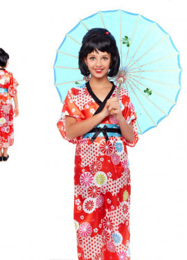 Fato de gueixa floral vermelho para menina