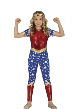 Fato de heroína estrela vermelha e azul para menina