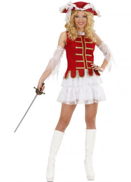 Red and white Musketeer costume with hat for women