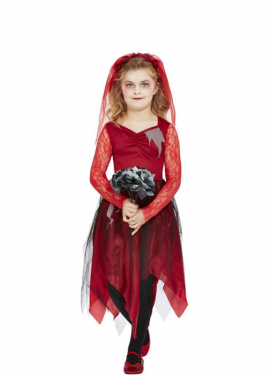 Fato de noiva zumbi vermelha para menina
