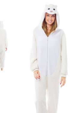 Fato feminina de ovelha branca com capuz