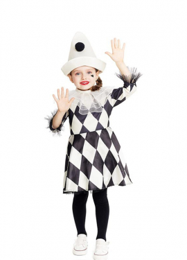 Fato de palhaço Pierrot losango com chapéu para bebé e menina