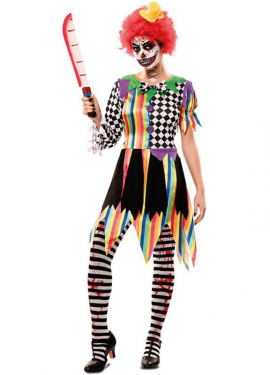 Fato de palhaço sinistro multicolor para mulher