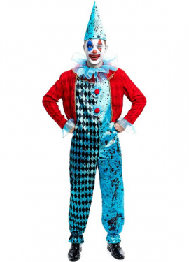 Fato de palhaço maníaco azul e vermelho para homem