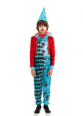 Fato de palhaço maníaco azul e vermelho para criança