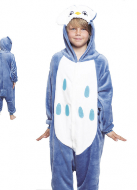Fato de pijama de coruja azul com capuz para menino