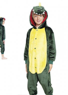 Fato de pijama de dinossauro verde e amarelo com capuz para menino