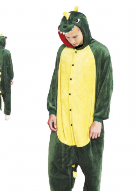 Fato de pijama de dinossauro verde e amarelo para homem